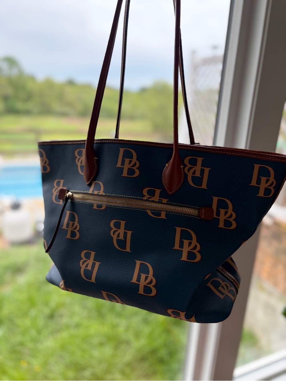 Dooney & Bourke Navy Logo Tote with Tan Trim - Picture 4 of 8